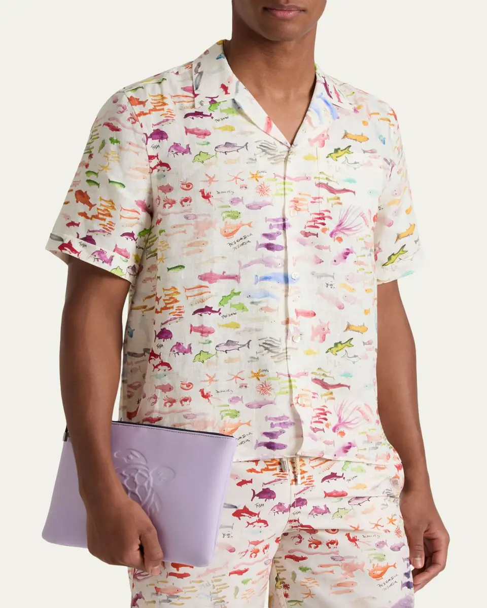 Vilebrequin x Fabrice Hyber Men's Pescador Linen Camp Shirt | Thumbnail 3 Vilebrequin x Fabrice Hyber Men's Pescador Linen Camp Shirt | Thumbnail 3