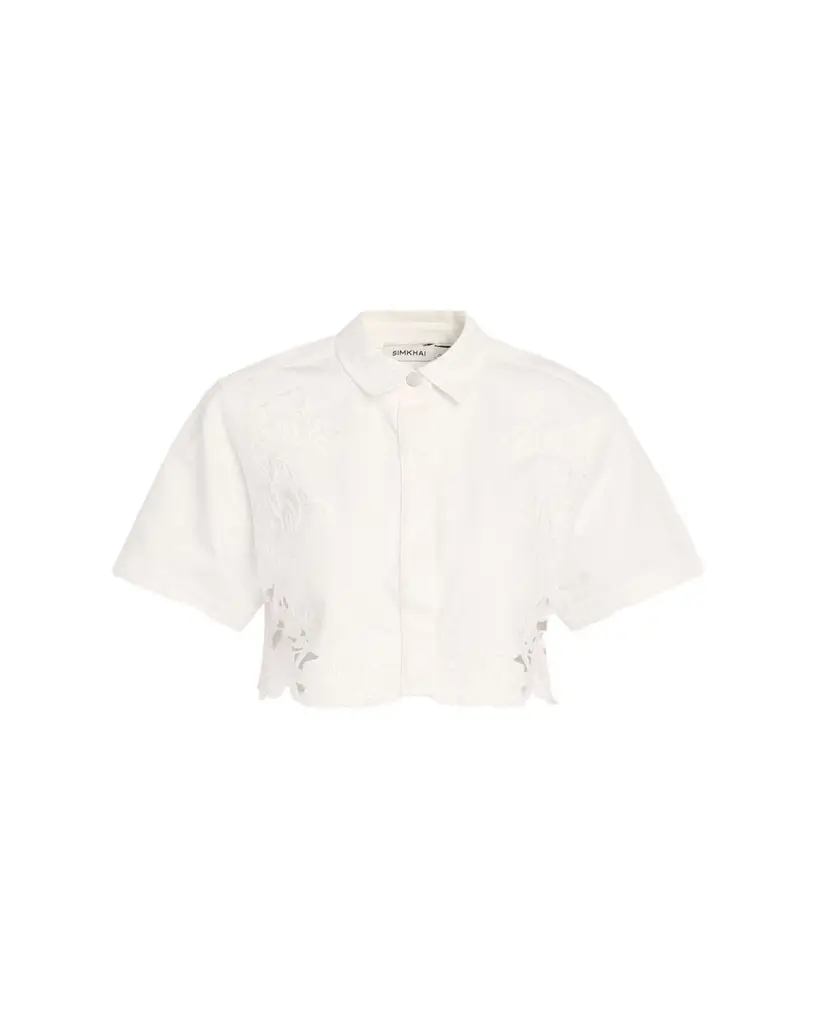 Simkhai Albaine Embroidered Denim Crop Top | Image 1 Simkhai Albaine Embroidered Denim Crop Top | Image 1