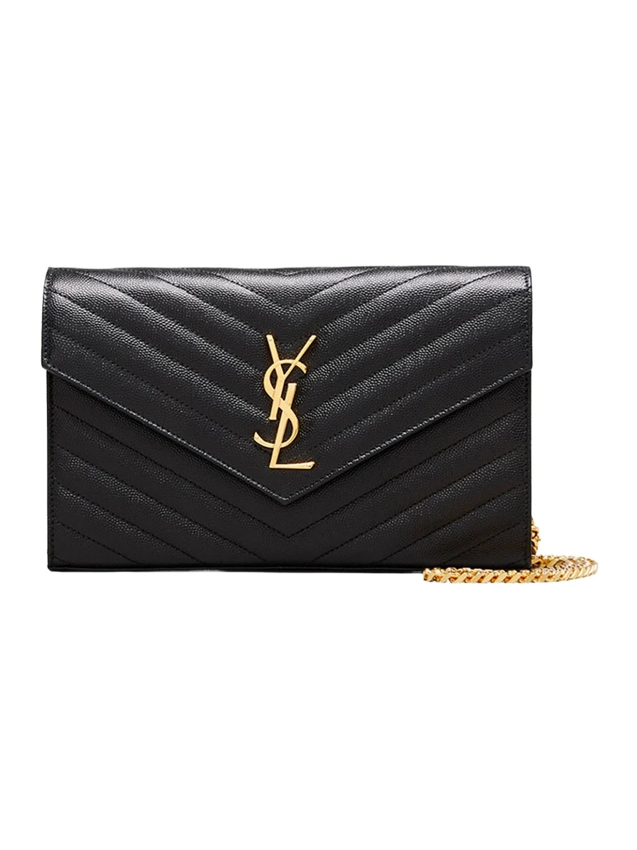 Saint Laurent YSL Monogram Large Wallet on Chain in Grained Leather