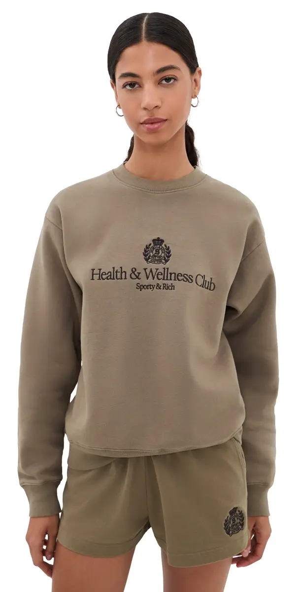Sporty & Rich H & W Crest Embroidered Crewneck Sand | Image 1 Sporty & Rich H & W Crest Embroidered Crewneck Sand | Image 1