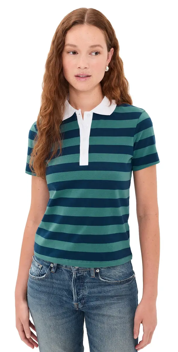 Good American The Easy Polo ummer tripe Teal | Image 1 Good American The Easy Polo ummer tripe Teal | Image 1