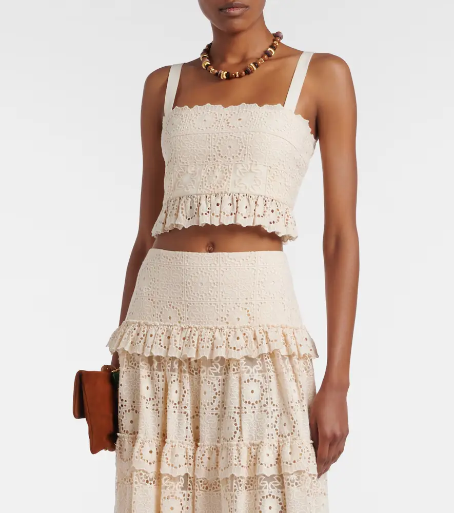 Elie Saab Guipure lace ruffled cotton and silk crop top | Thumbnail 2 Elie Saab Guipure lace ruffled cotton and silk crop top | Thumbnail 2