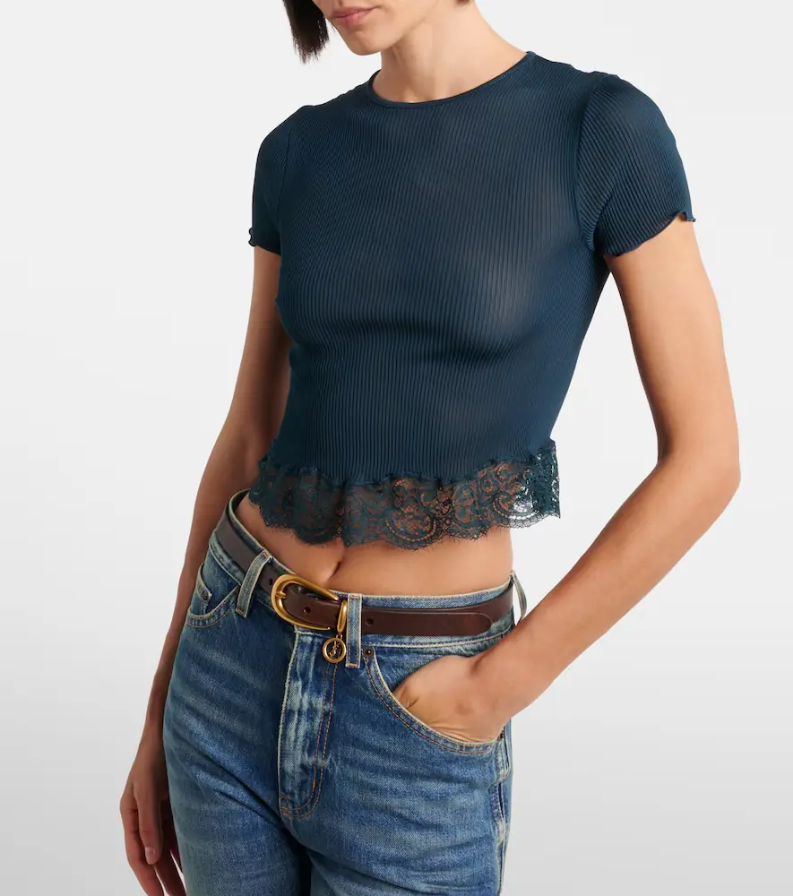 Saint Laurent Lace-trimmed cropped silk T-shirt | Thumbnail 2