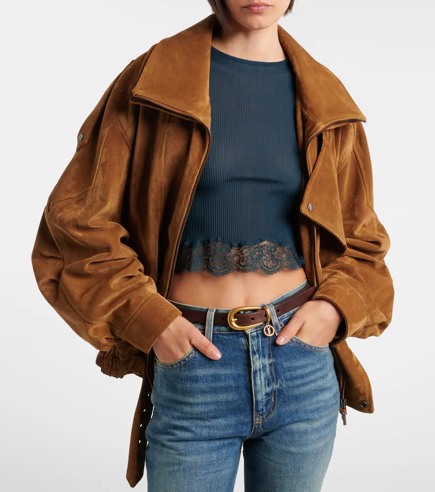 Saint Laurent Lace-trimmed cropped silk T-shirt | Thumbnail 5