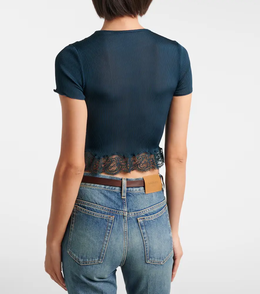 Saint Laurent Lace-trimmed cropped silk T-shirt | Thumbnail 7