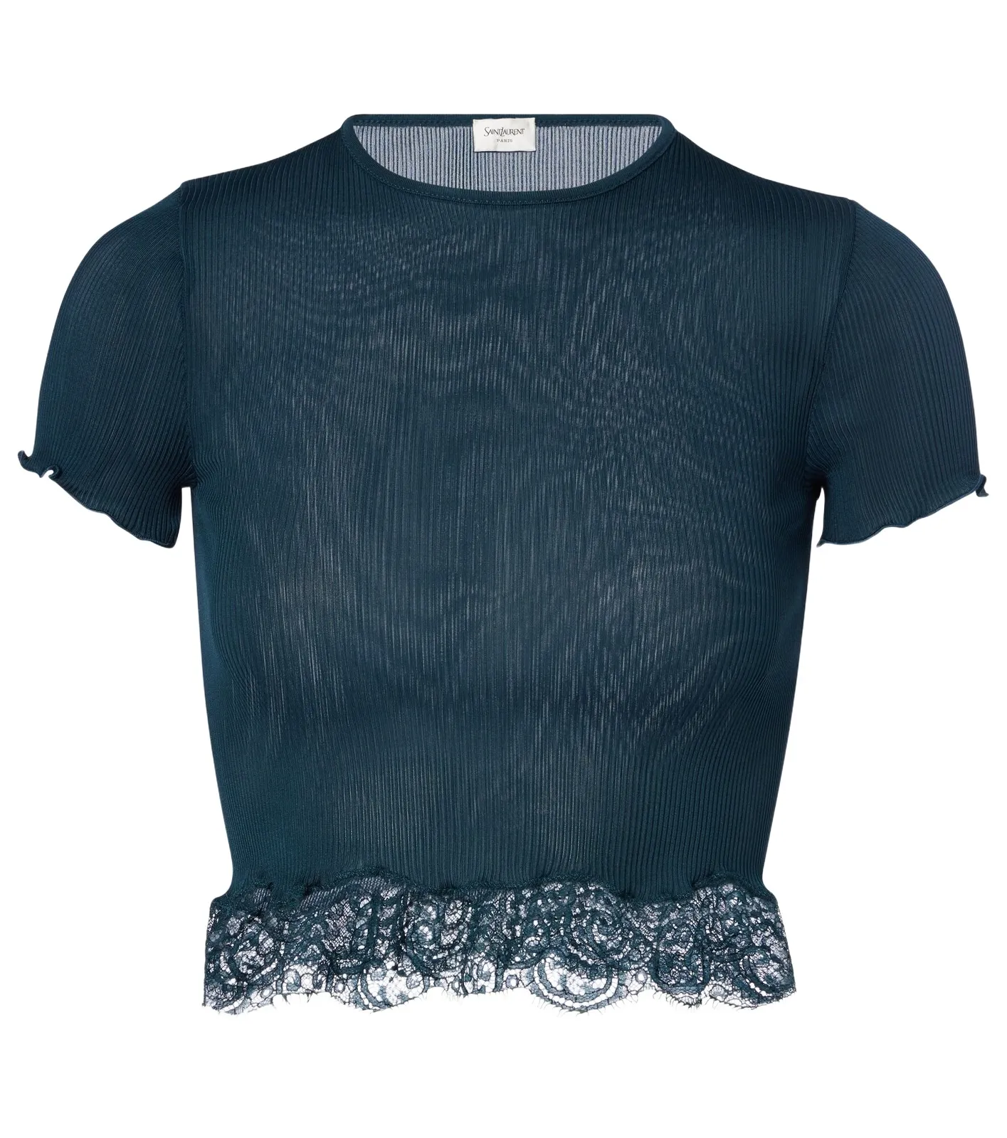 Saint Laurent Lace-trimmed cropped silk T-shirt