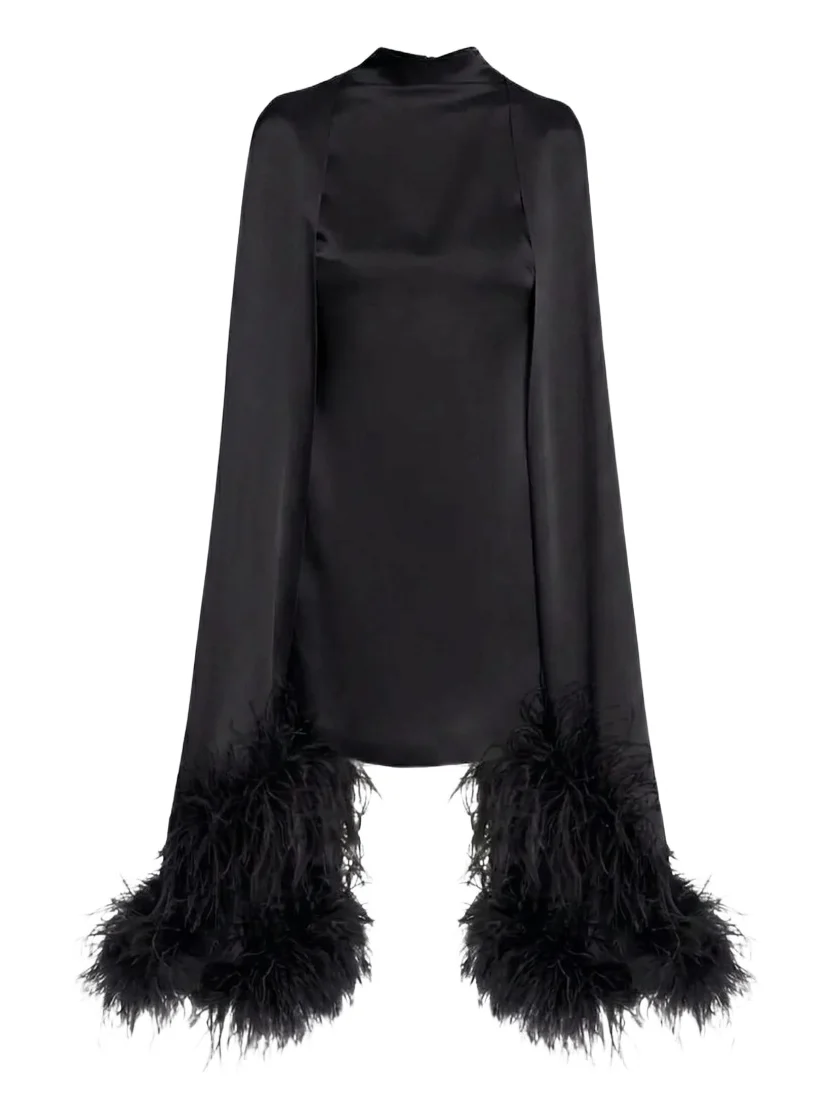 Satin Cape Sleeve Mini Dress With Feathers
