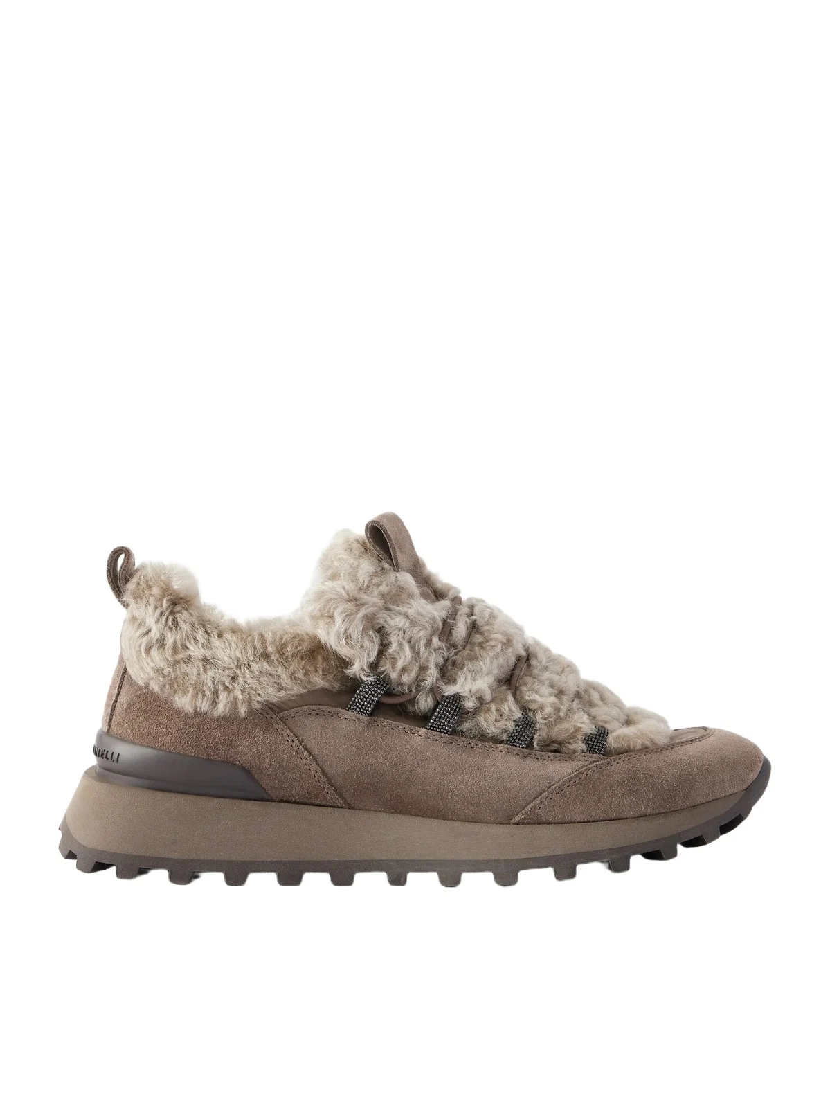 Brunello Cucinelli Bead-embellished Shearling-trimmed Suede Sneakers