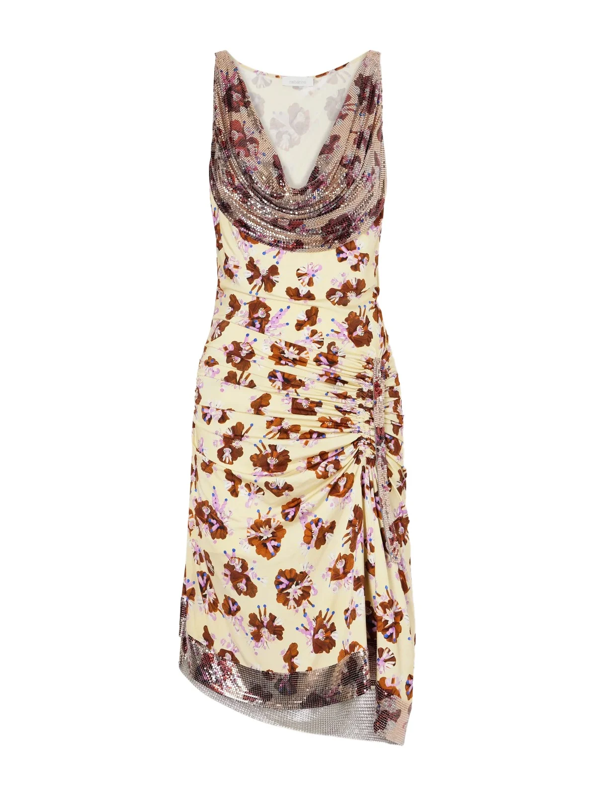 Chainmail-embellished Ruched Floral-print Satin Mini Dress