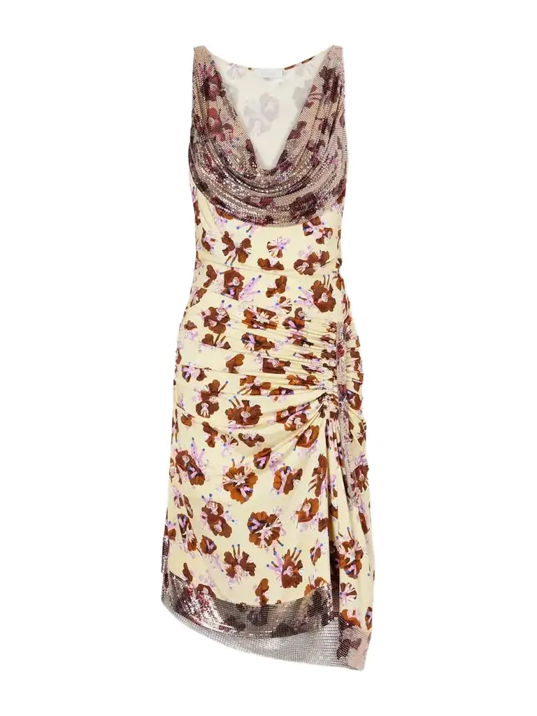 Rabanne Chainmail-embellished Ruched Floral-print Satin Mini Dress | Image 1 Rabanne Chainmail-embellished Ruched Floral-print Satin Mini Dress | Image 1