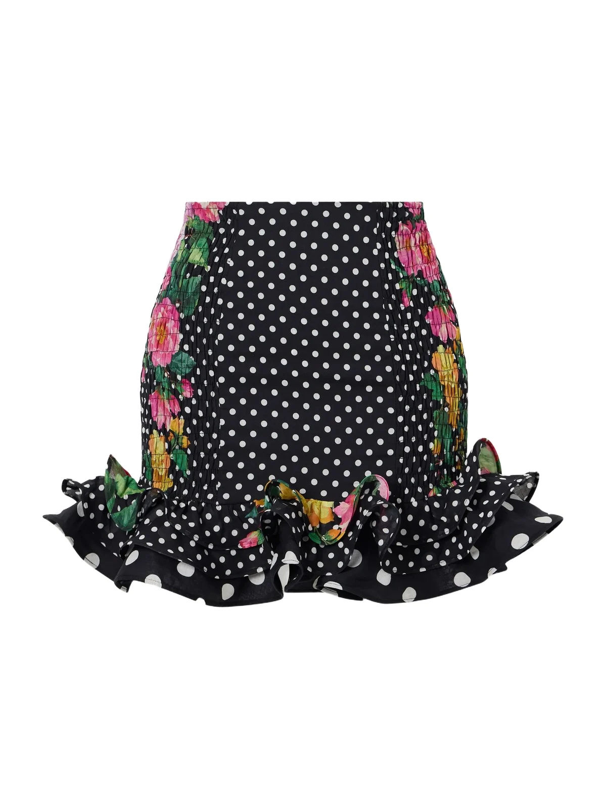 Alameda Shirred Ruffled Floral-print Polka-dot Cotton-blend Mini Skirt