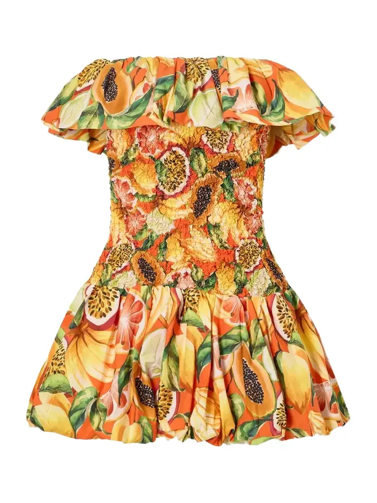 Farm Rio Strapless Ruffled Printed Shirred Cotton Mini Dress | Image 1 Farm Rio Strapless Ruffled Printed Shirred Cotton Mini Dress | Image 1