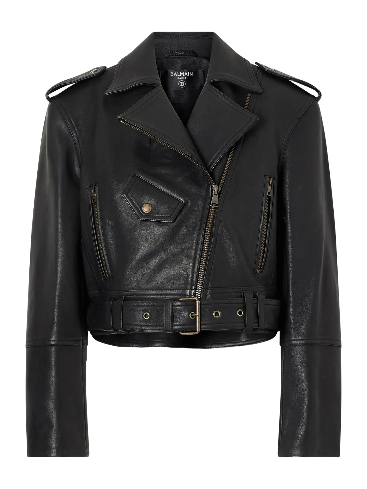 Cropped Belted Leather Biker Jacket Cropped Belted Leather Biker Jacket