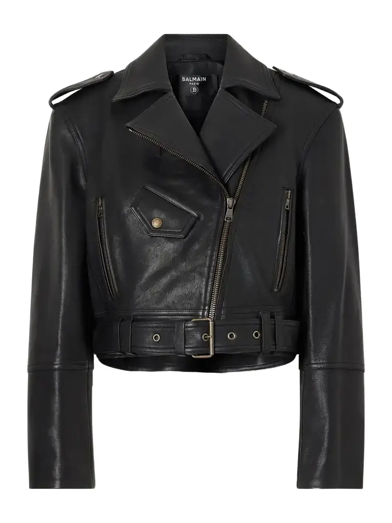 Balmain Cropped Belted Leather Biker Jacket | Image 1 Balmain Cropped Belted Leather Biker Jacket | Image 1