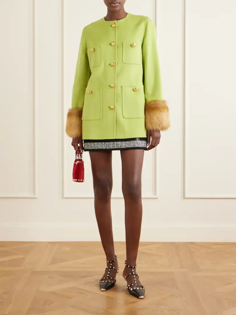 Valentino Garavani Shearling-trimmed Wool And Cashmere-blend Coat - Green | Thumbnail 2 Valentino Garavani Shearling-trimmed Wool And Cashmere-blend Coat - Green | Thumbnail 2