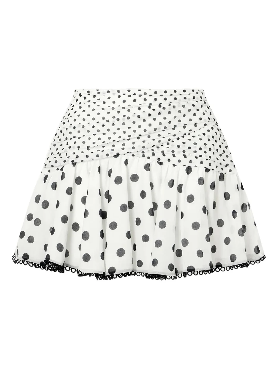 Noira Ruched Guipure Lace-trimmed Polka-dot Cotton-blend Voile Mini Skirt Noira Ruched Guipure Lace-trimmed Polka-dot Cotton-blend Voile Mini Skirt