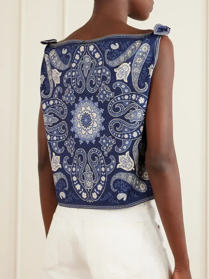 Sea Emilina Knotted Printed Linen And Cotton-blend Tank - Blue | Thumbnail 3 Sea Emilina Knotted Printed Linen And Cotton-blend Tank - Blue | Thumbnail 3
