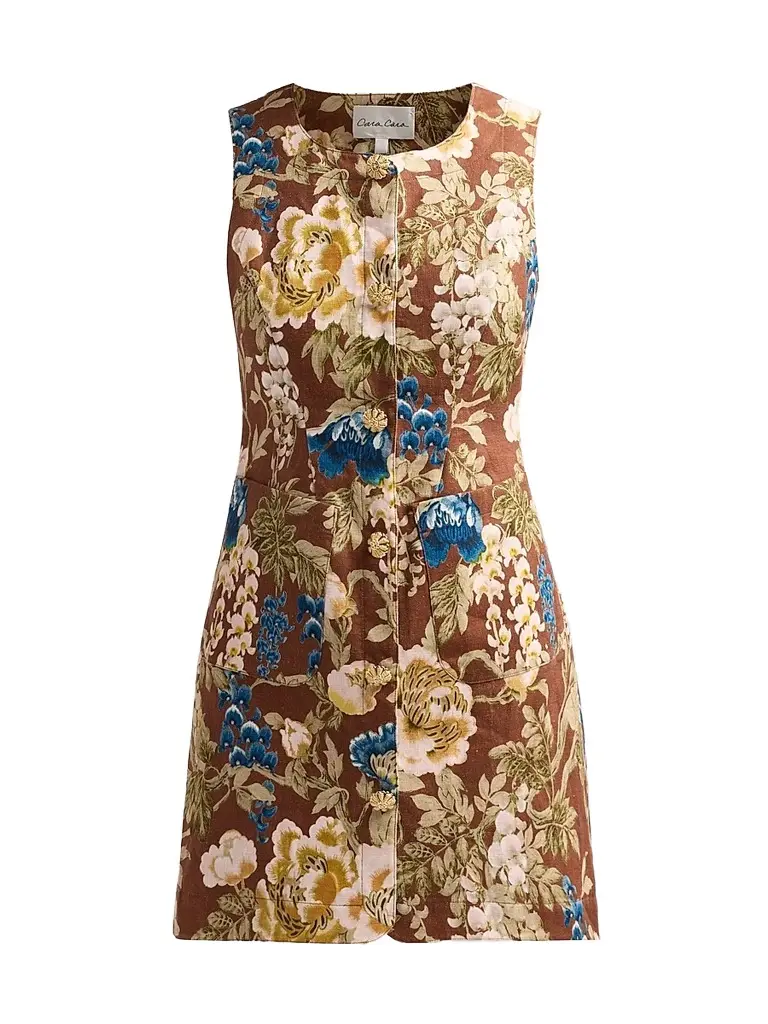 Cara Cara Women's Rhapsody Floral Linen Sleeveless Mini Dress - Flora Meadow Brown | Image 1 Cara Cara Women's Rhapsody Floral Linen Sleeveless Mini Dress - Flora Meadow Brown | Image 1