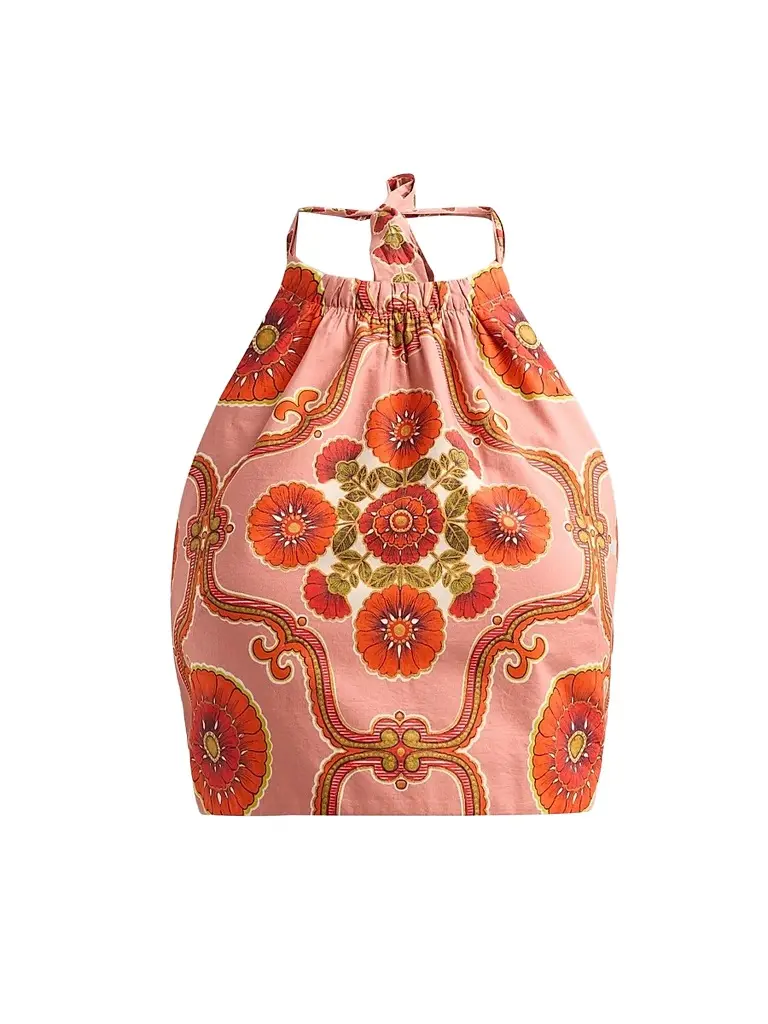 Cara Cara Women's Dahlia Poplin Halterneck Top - Mod Floral Brick | Image 1 Cara Cara Women's Dahlia Poplin Halterneck Top - Mod Floral Brick | Image 1