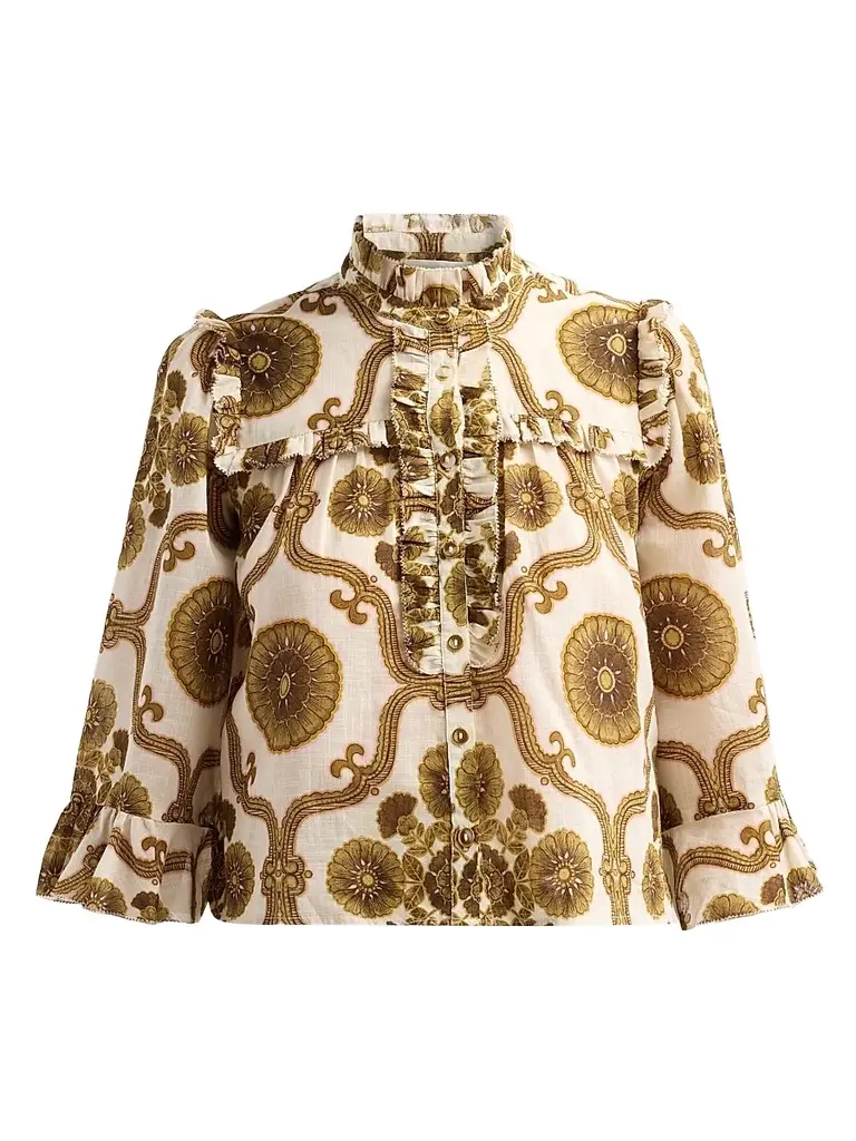 Cara Cara Women's Elowen Floral Medallion Ruffle Blouse - Mod Floral Olive | Image 1 Cara Cara Women's Elowen Floral Medallion Ruffle Blouse - Mod Floral Olive | Image 1