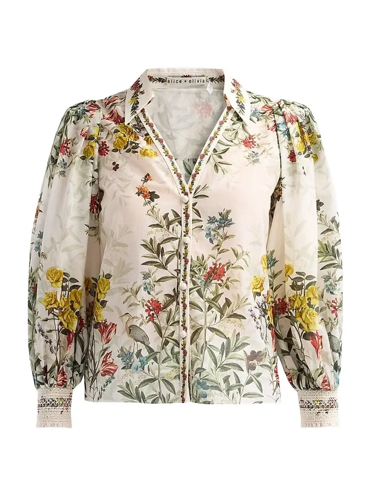Alice + Olivia Women's Charis Printed Cotton-Silk Blouse - Desert Sprigs Vanilla - Size XL | Image 1 Alice + Olivia Women's Charis Printed Cotton-Silk Blouse - Desert Sprigs Vanilla - Size XL | Image 1