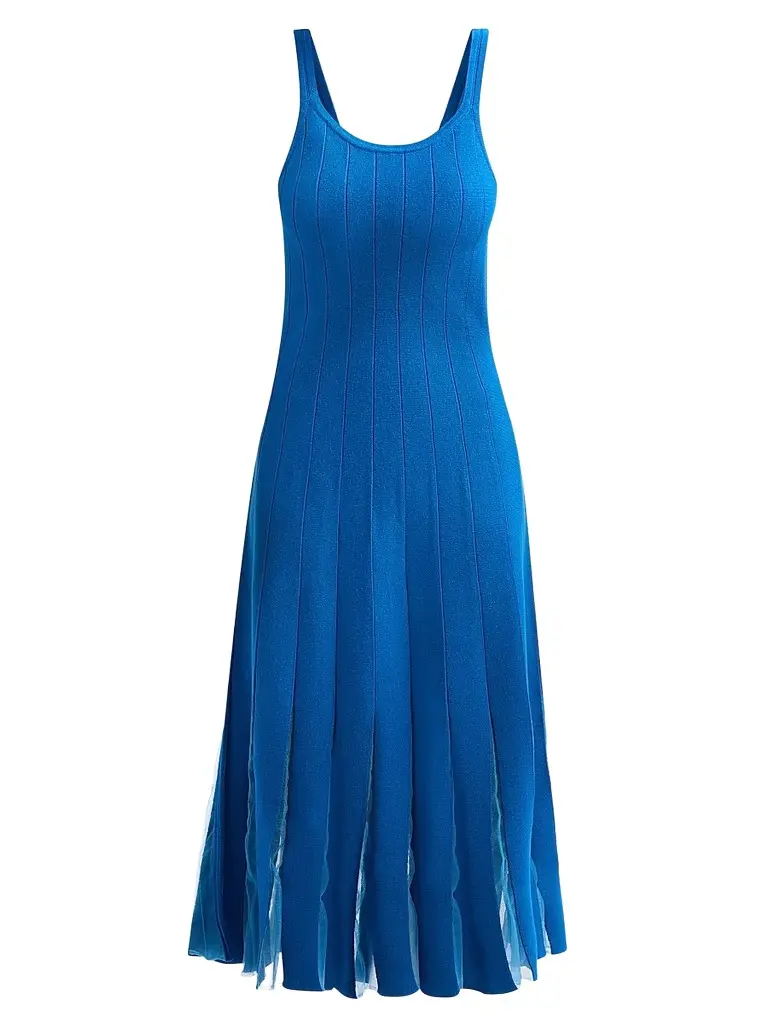 Elie Tahari Women's Raelynn Rib-Knit Pleated A-Line Midi Dress - Deep Blue | Image 1 Elie Tahari Women's Raelynn Rib-Knit Pleated A-Line Midi Dress - Deep Blue | Image 1