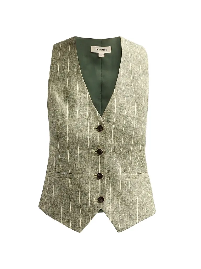 L'Agence Women's Drina Pinstripe Linen-Blend Vest - Olive Green Pinstripe - Size Large | Image 1 L'Agence Women's Drina Pinstripe Linen-Blend Vest - Olive Green Pinstripe - Size Large | Image 1