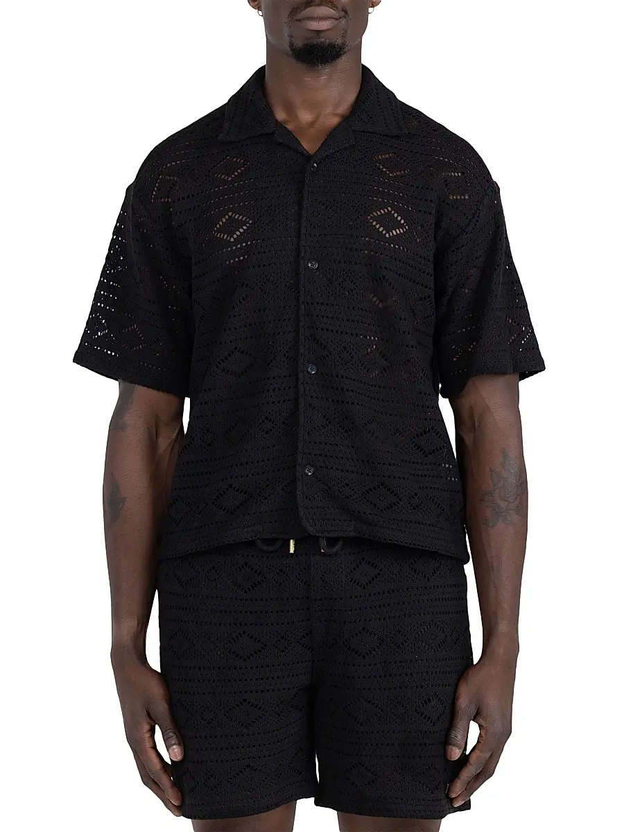 Honor The Gift Men's Pointelle Crochet Camp Shirt - Black | Image 1 Honor The Gift Men's Pointelle Crochet Camp Shirt - Black | Image 1