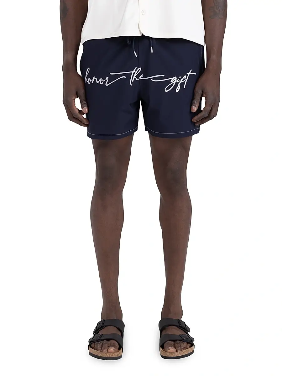 Honor The Gift Men's Logo Drawstring Swim Shorts - Navy | Image 1 Honor The Gift Men's Logo Drawstring Swim Shorts - Navy | Image 1