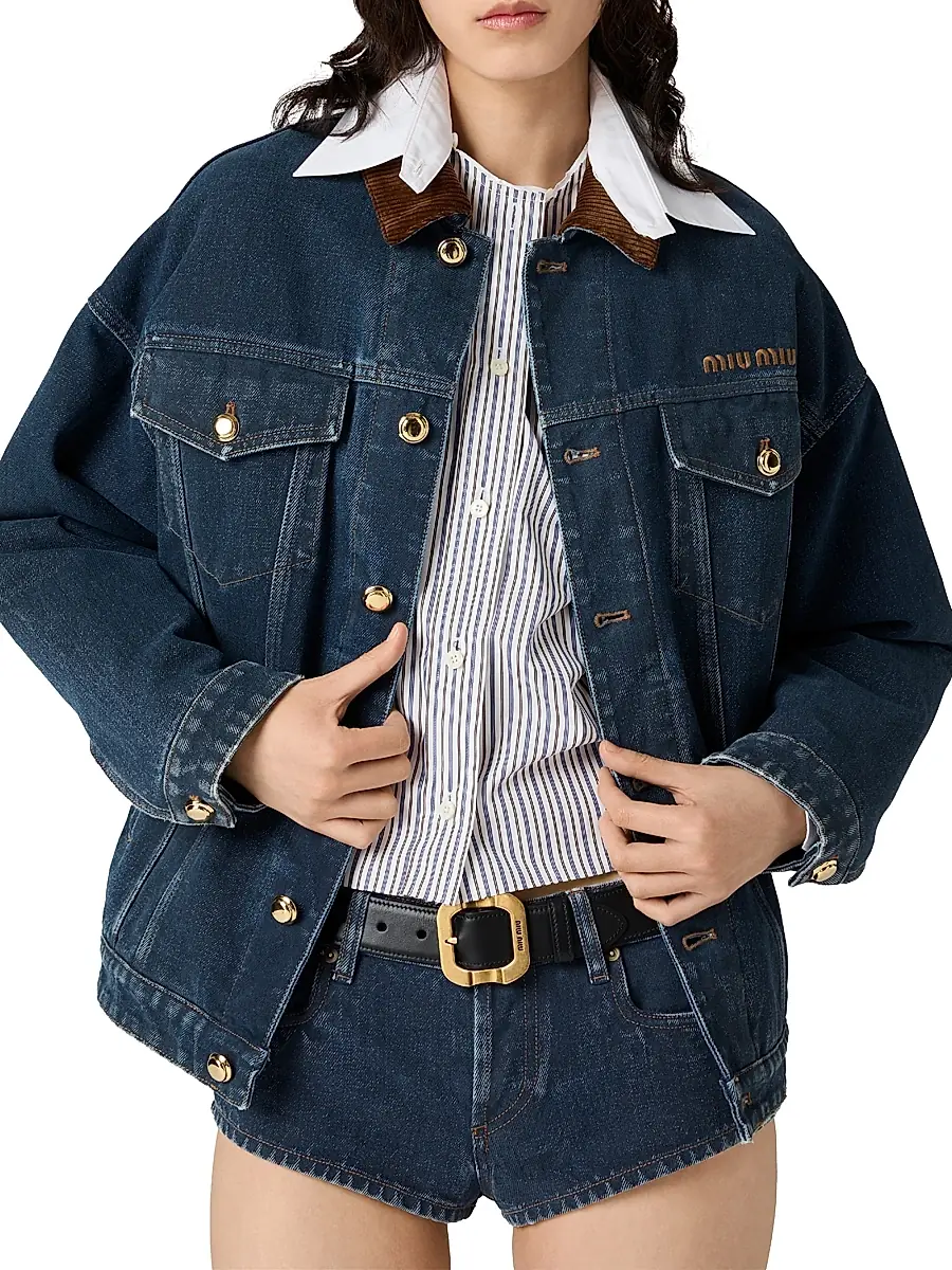 Miu Miu Women's Flocked Denim and Velvet Blouson Jacket | Thumbnail 4 Miu Miu Women's Flocked Denim and Velvet Blouson Jacket | Thumbnail 4