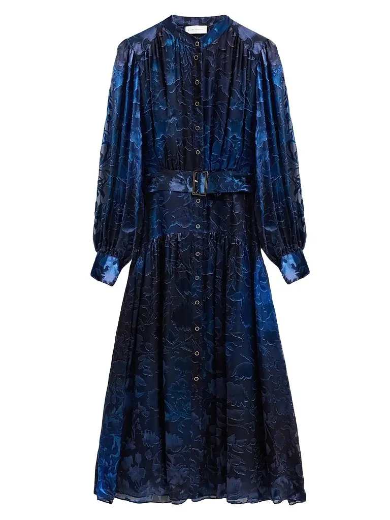 Elie Tahari Women's The Pippa Floral Belted Midi Dress - Brushstroke Denim | Image 1 Elie Tahari Women's The Pippa Floral Belted Midi Dress - Brushstroke Denim | Image 1