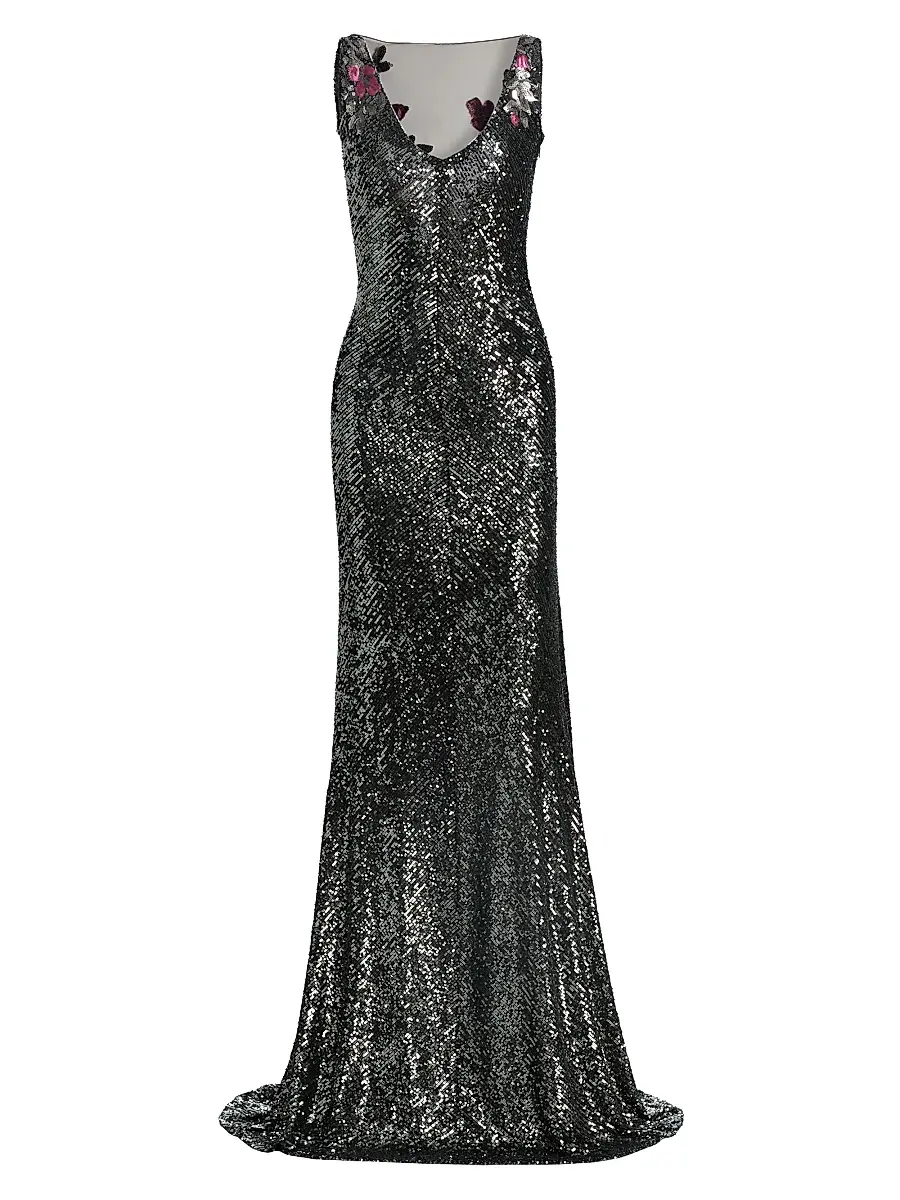 Naeem Khan Women's Floral Sequined Sleeveless Gown - Gunmetal Multi | Image 1 Naeem Khan Women's Floral Sequined Sleeveless Gown - Gunmetal Multi | Image 1
