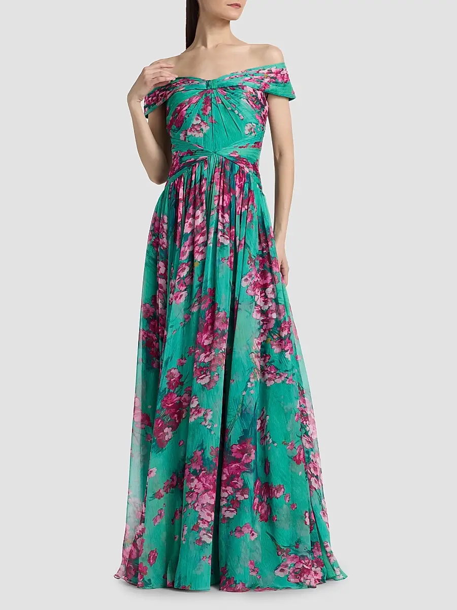 THEIA Women's Sabina Floral Chiffon Off-The-Shoulder Gown | Thumbnail 2