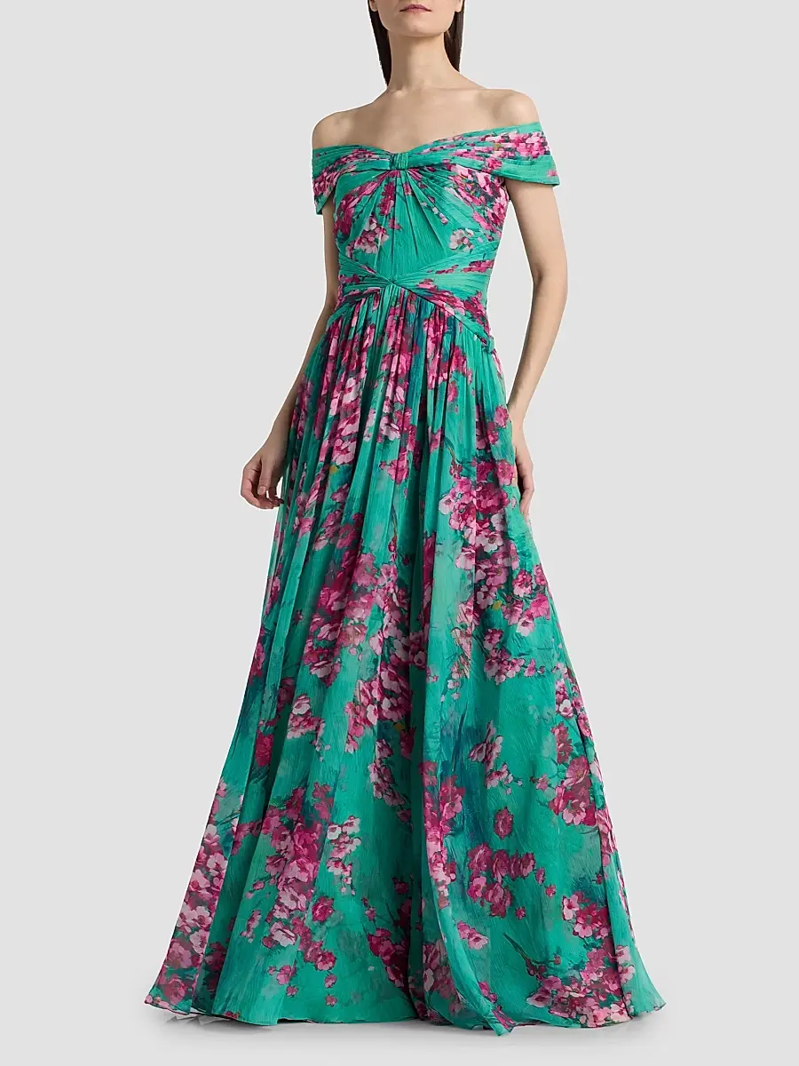 THEIA Women's Sabina Floral Chiffon Off-The-Shoulder Gown | Thumbnail 3