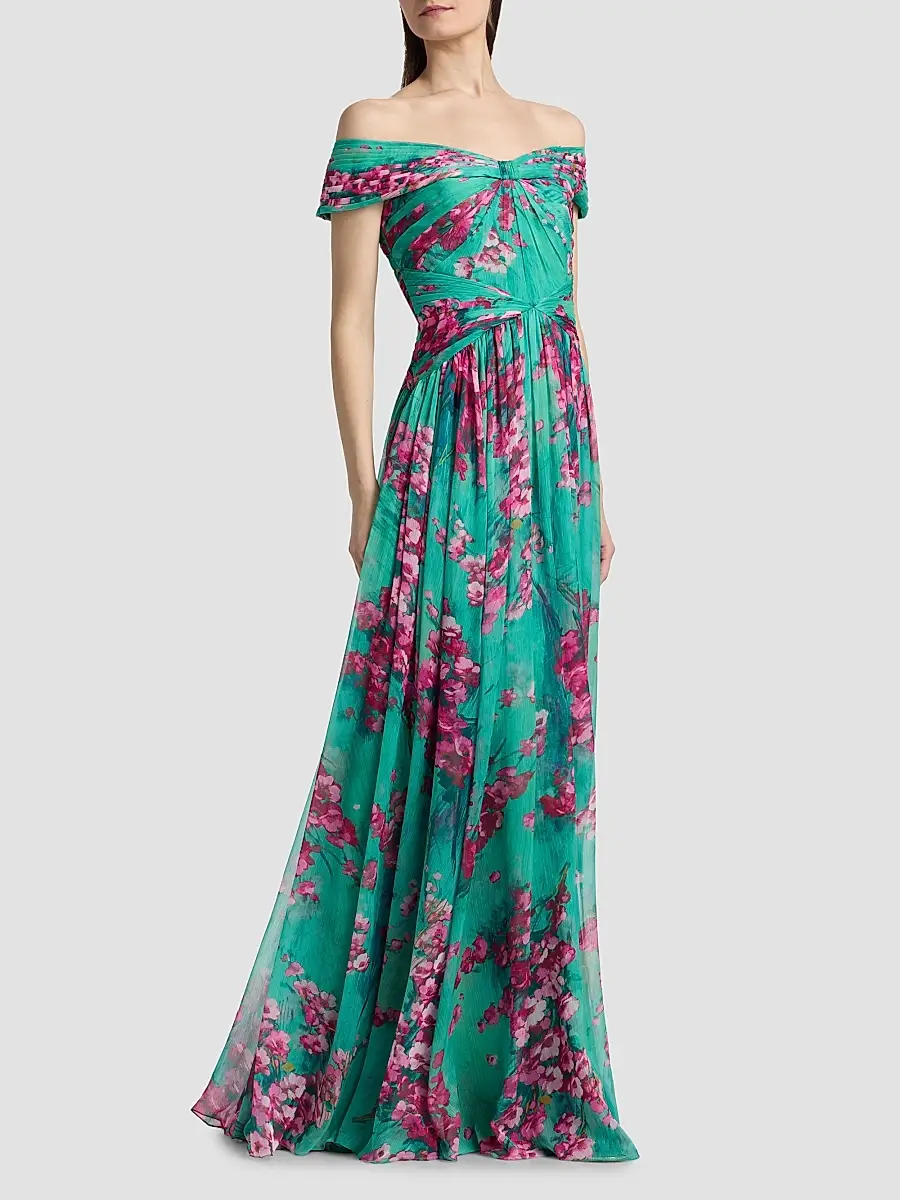 THEIA Women's Sabina Floral Chiffon Off-The-Shoulder Gown | Thumbnail 4