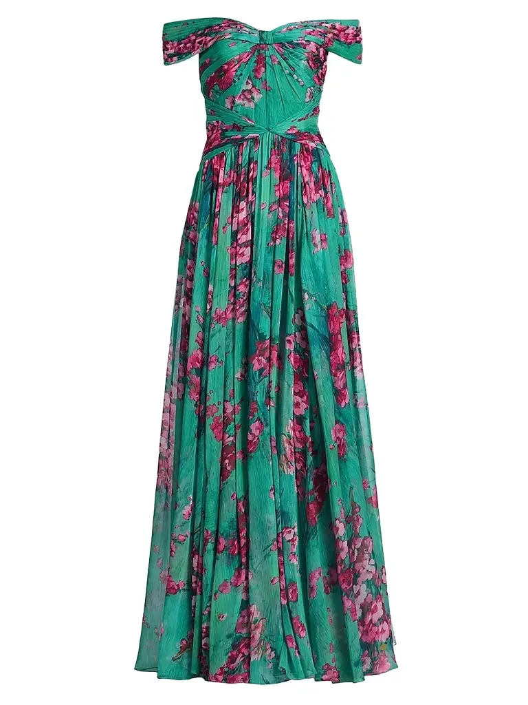 THEIA Women's Sabina Floral Chiffon Off-The-Shoulder Gown - Seafoam Sakura Mist - Size 14 | Image 1 THEIA Women's Sabina Floral Chiffon Off-The-Shoulder Gown - Seafoam Sakura Mist - Size 14 | Image 1