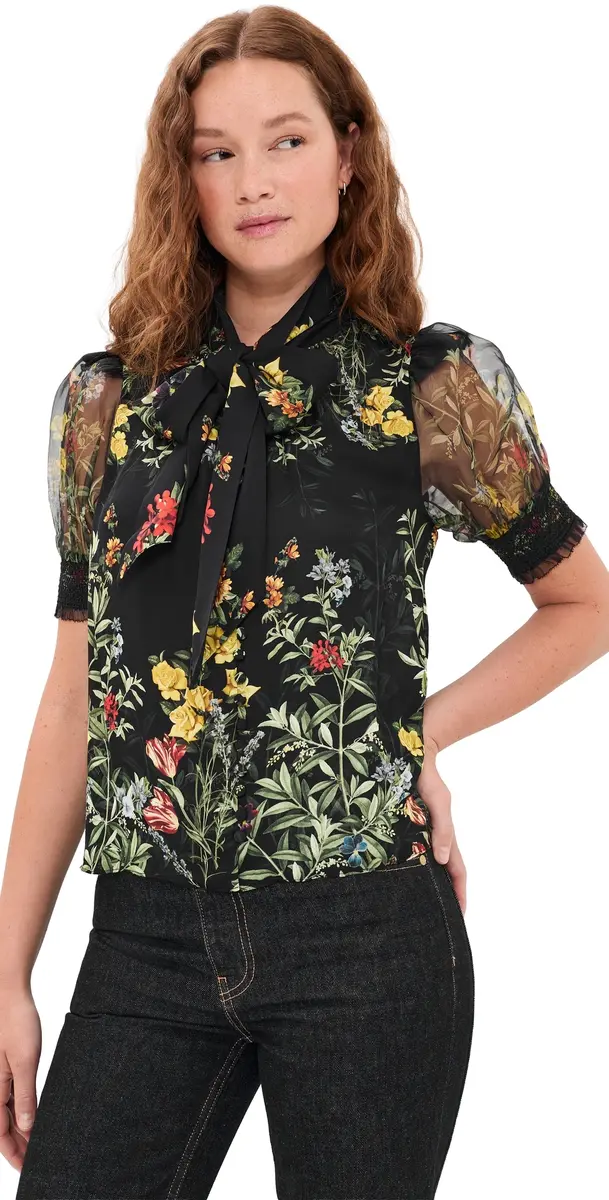 Alice + Olivia Brentley Tie Blouse Desert prigs Black | Image 1 Alice + Olivia Brentley Tie Blouse Desert prigs Black | Image 1
