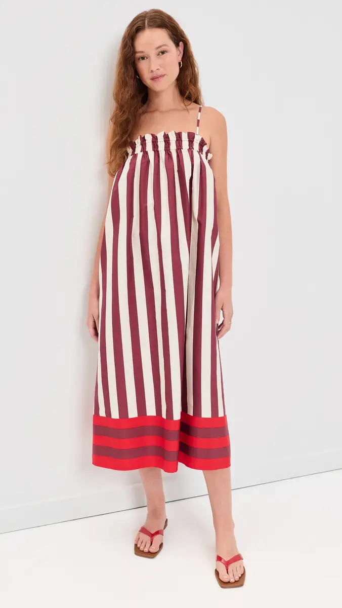 Madewell Ruffle A-Line Midi Dress in Stripe Stripe Mix Border Dusty Merlot | Thumbnail 2