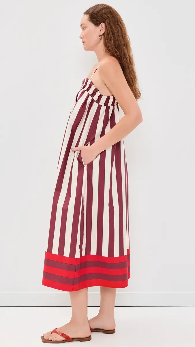 Madewell Ruffle A-Line Midi Dress in Stripe Stripe Mix Border Dusty Merlot | Thumbnail 4