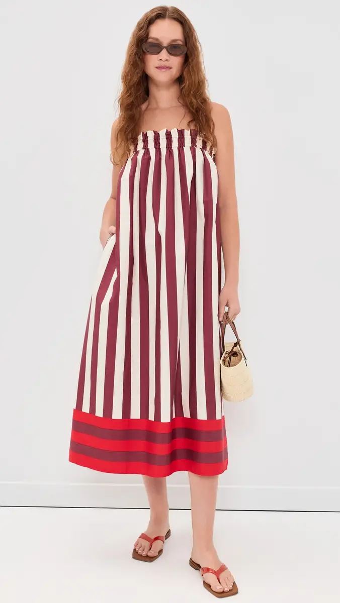 Madewell Ruffle A-Line Midi Dress in Stripe Stripe Mix Border Dusty Merlot | Thumbnail 5