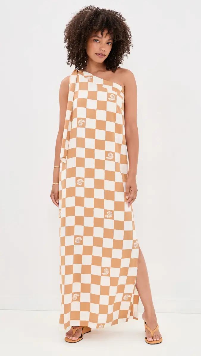 Dress To Beige Shell Plaid One shoulder Maxi Dress | Thumbnail 2 Dress To Beige Shell Plaid One shoulder Maxi Dress | Thumbnail 2