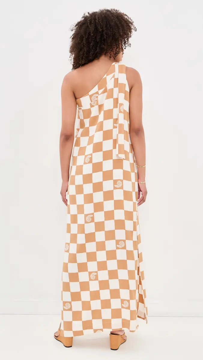 Dress To Beige Shell Plaid One shoulder Maxi Dress | Thumbnail 3 Dress To Beige Shell Plaid One shoulder Maxi Dress | Thumbnail 3