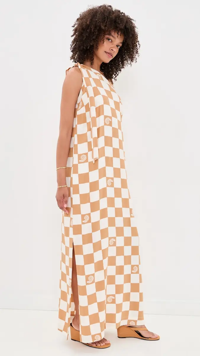 Dress To Beige Shell Plaid One shoulder Maxi Dress | Thumbnail 4 Dress To Beige Shell Plaid One shoulder Maxi Dress | Thumbnail 4