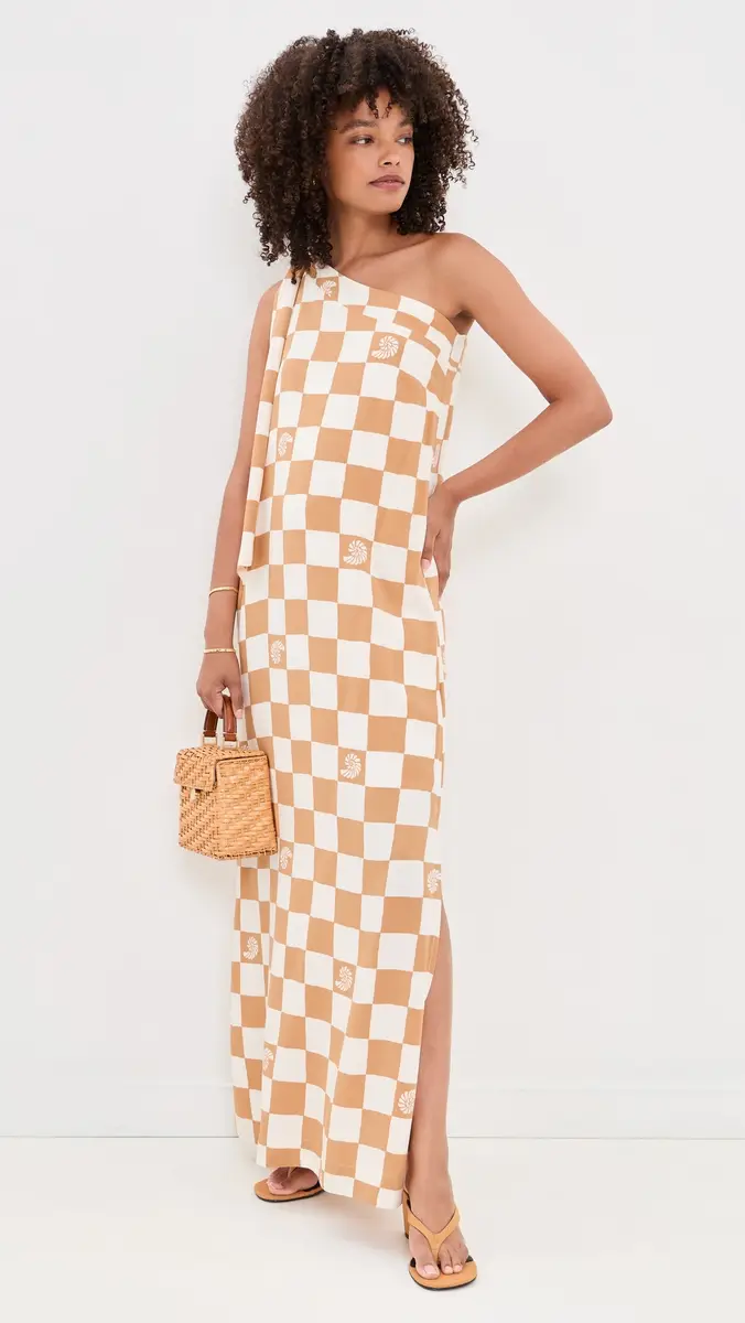 Dress To Beige Shell Plaid One shoulder Maxi Dress | Thumbnail 5 Dress To Beige Shell Plaid One shoulder Maxi Dress | Thumbnail 5