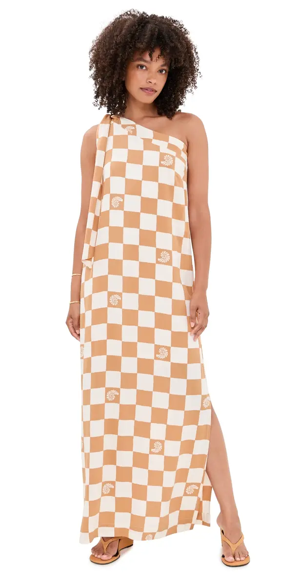 Dress To Beige hell Plaid One shoulder Maxi Dress Beige hell Plaid | Image 1 Dress To Beige hell Plaid One shoulder Maxi Dress Beige hell Plaid | Image 1
