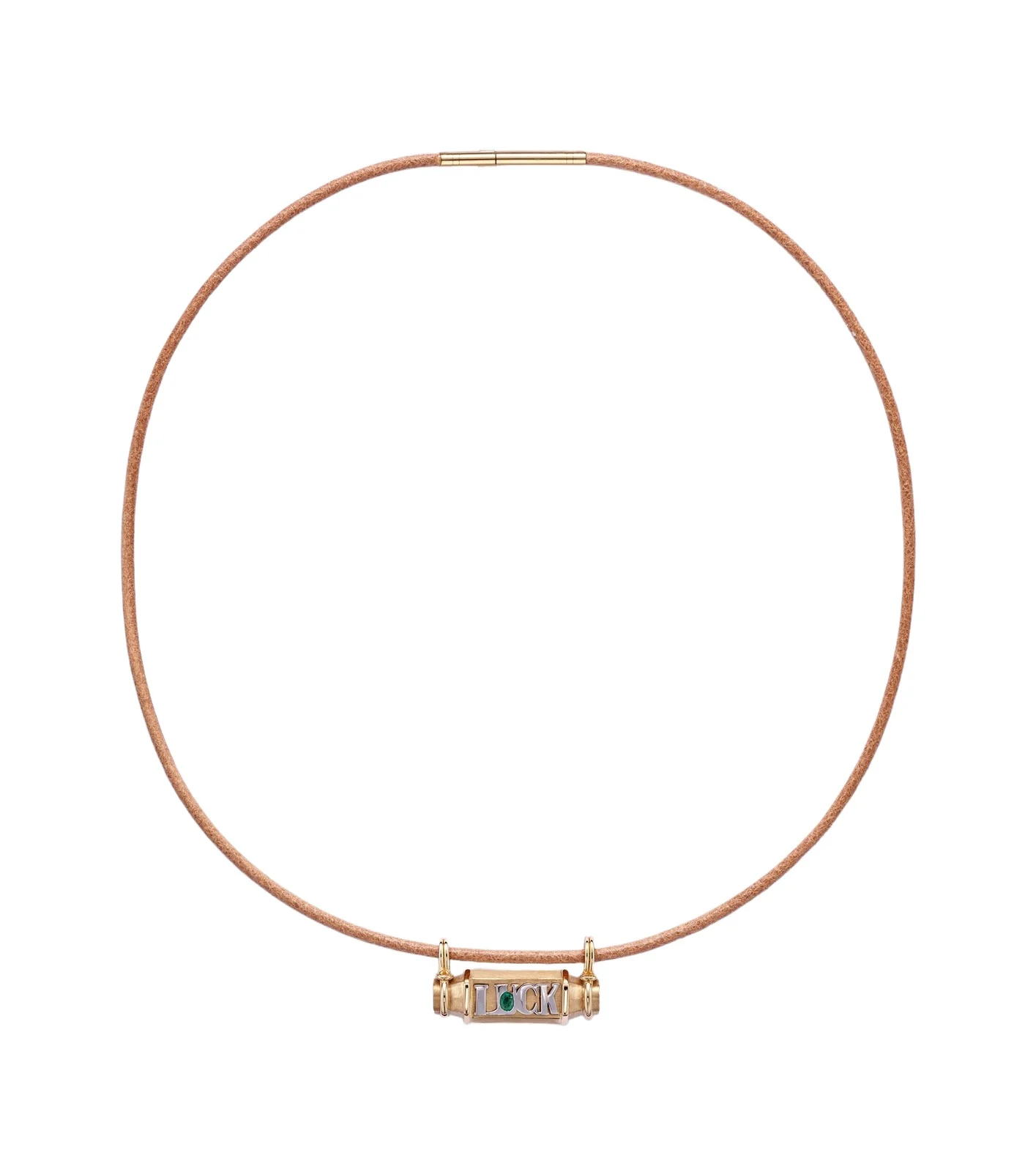 Luck Smash 18kt gold and leather locket necklace with emerald