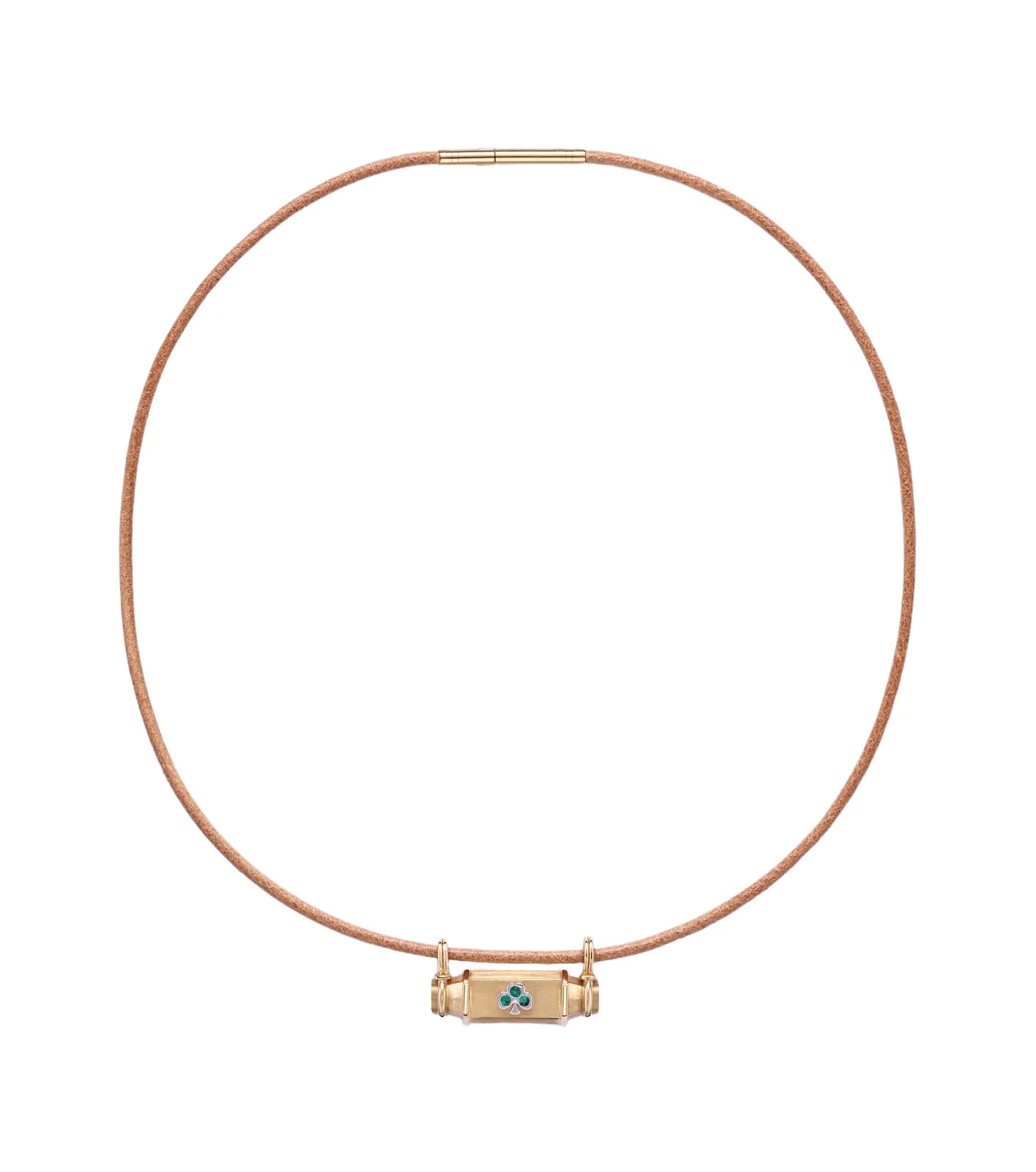 Clover Smash 18kt gold and leather locket necklace with emeralds