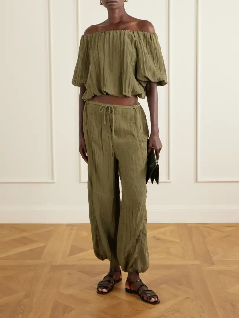 Simkhai Anni Cropped Gathered Crepon Blouse | Thumbnail 2 Simkhai Anni Cropped Gathered Crepon Blouse | Thumbnail 2