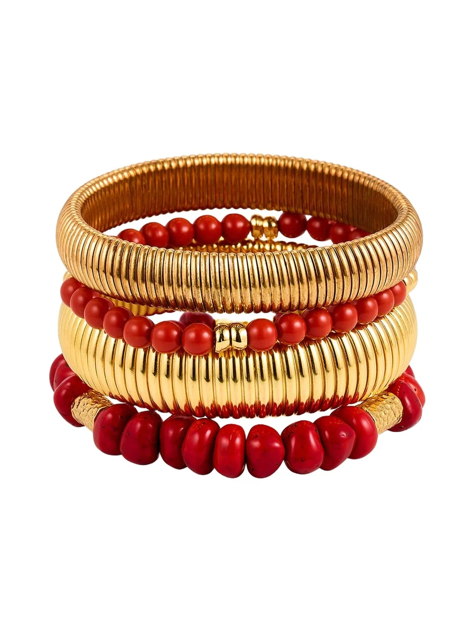 Cobra Bracelets with Coral Mix, Set of 4