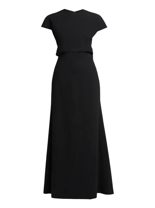 Open Back Short-Sleeve Long Wool Dress Open Back Short-Sleeve Long Wool Dress